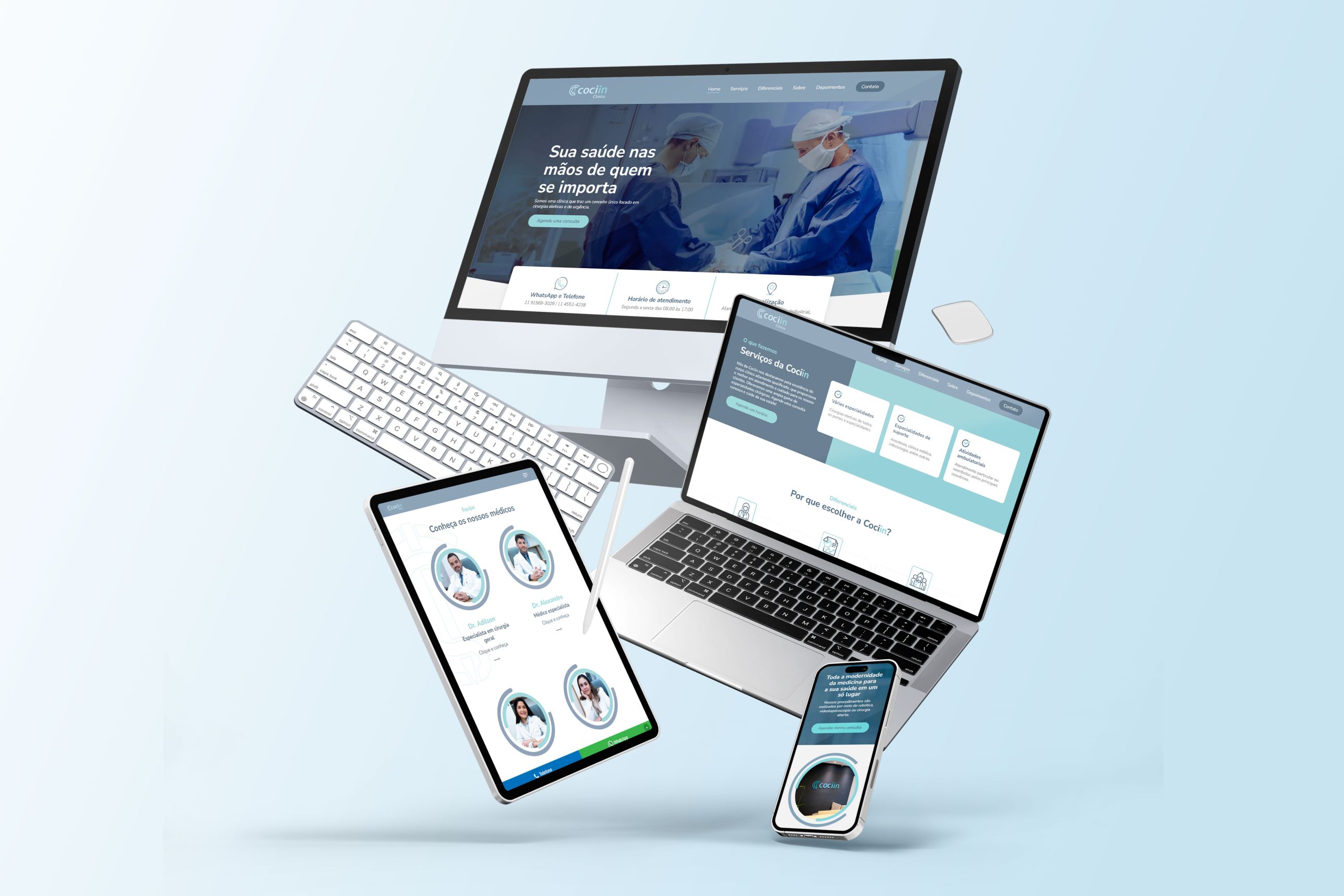 Dispositivos exibindo site médico em fundo azul